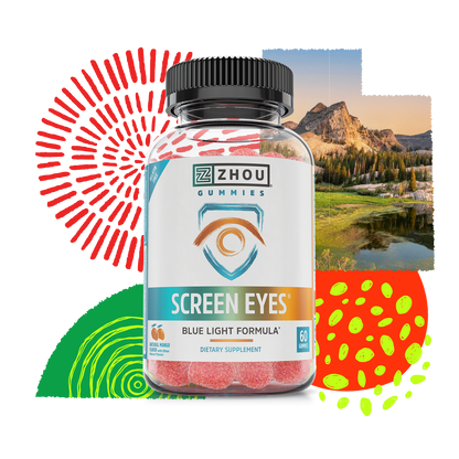 A bottle of Zhou Nutrition Screen Eyes Gummies is displayed with vibrant graphics and a scenic mountain backdrop.
