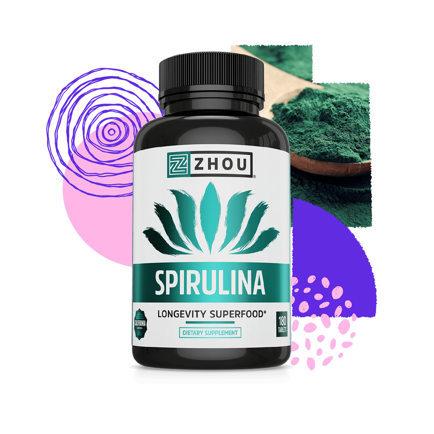 A bottle of Zhou Nutrition Spirulina Tablets sits among abstract shapes and a spoon filled with green spirulina powder.