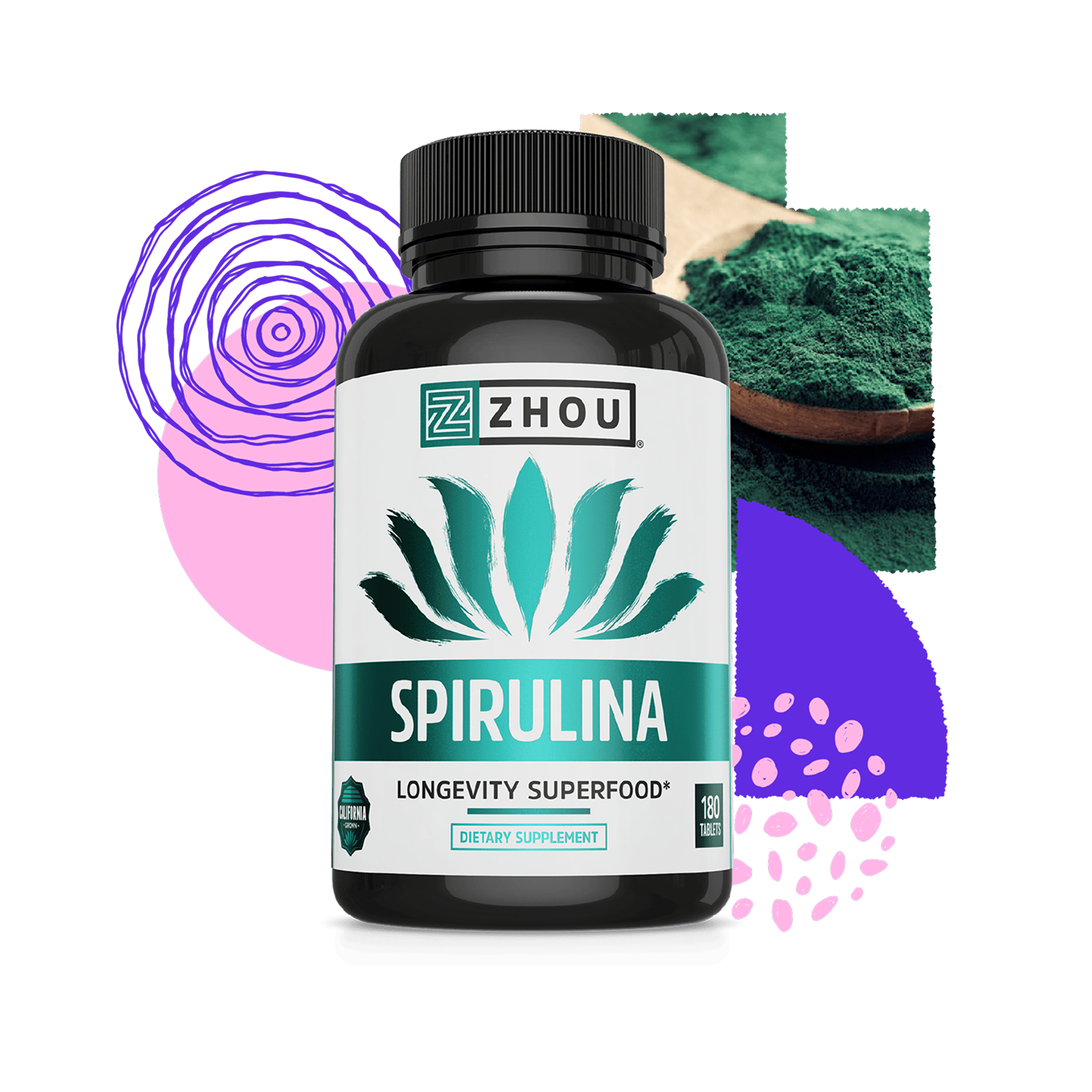 A bottle of Zhou Nutrition Spirulina Tablets sits among abstract shapes and a spoon filled with green spirulina powder.