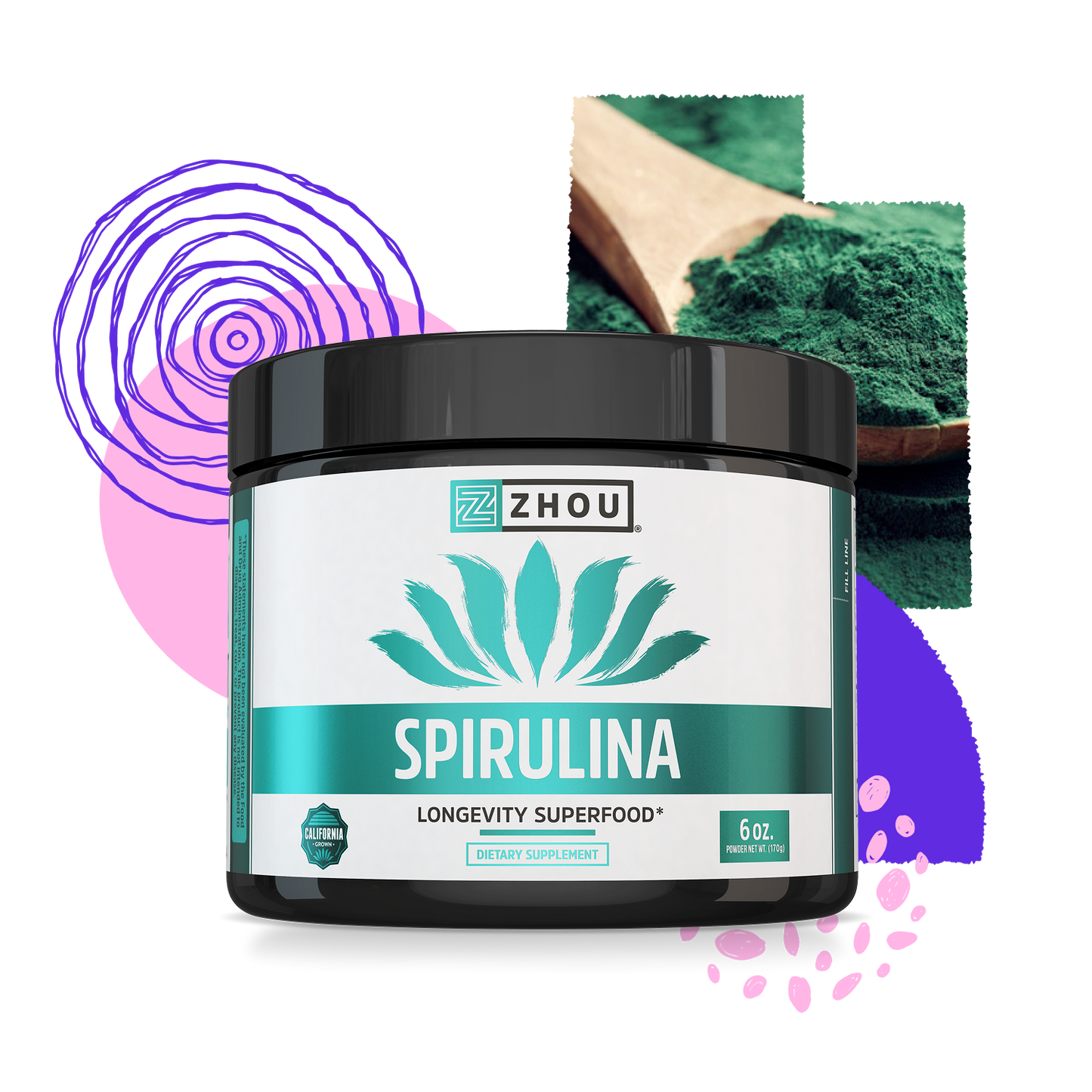 A container of Zhou Nutrition Spirulina Powder, a vibrant superfood with abstract shapes and a spoon of green powder nearby.