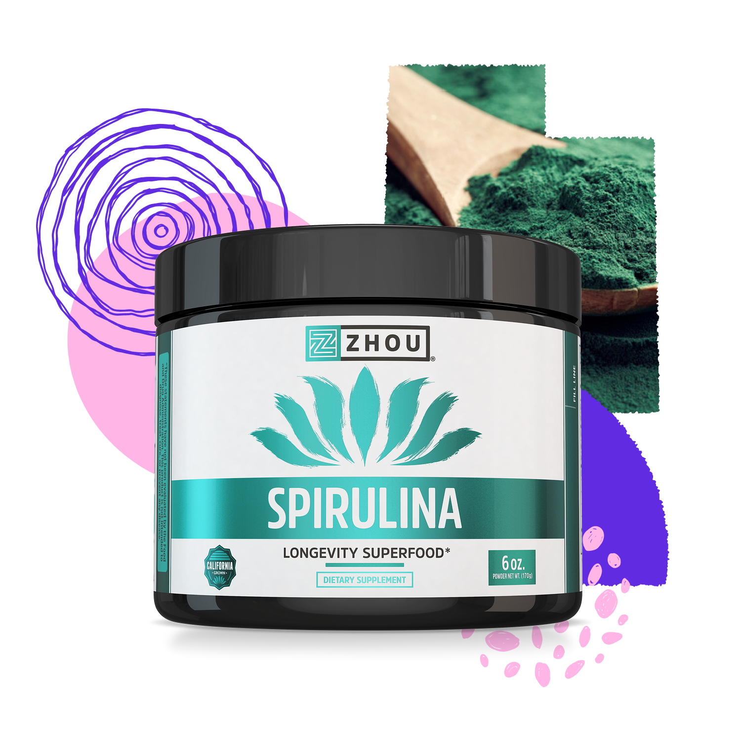 A container of Zhou Nutrition Spirulina Powder, a vibrant superfood with abstract shapes and a spoon of green powder nearby.