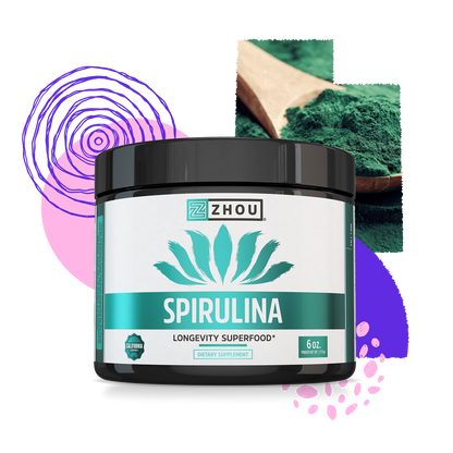 A container of Zhou Nutrition Spirulina Powder, a vibrant superfood with abstract shapes and a spoon of green powder nearby.