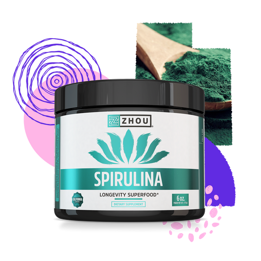 A container of Zhou Nutrition Spirulina Powder, a vibrant superfood with abstract shapes and a spoon of green powder nearby.