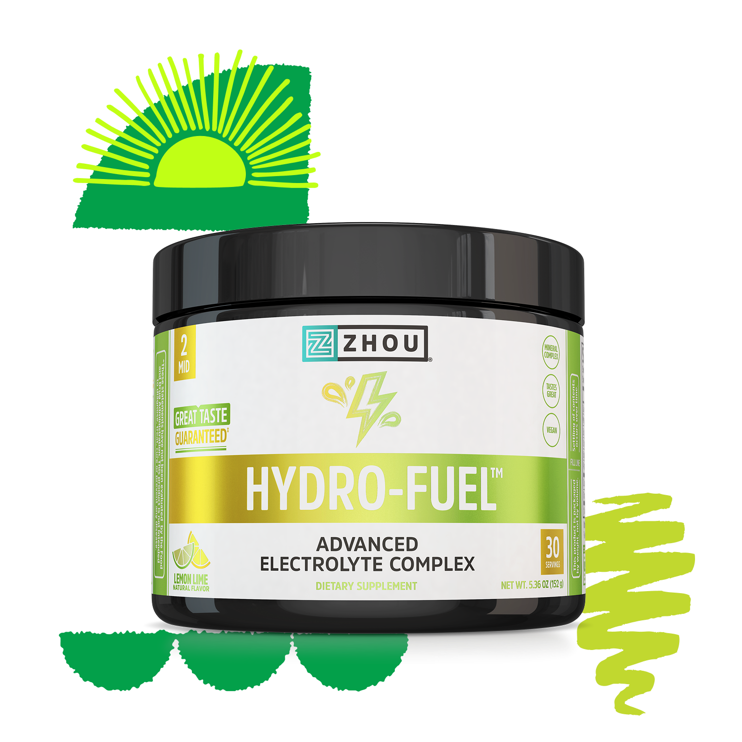 Zhou Nutrition Hydro-Fuel hydration supplement with lemon-lime flavor, bright green graphics, and sunburst design.