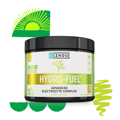 Zhou Nutrition Hydro-Fuel hydration supplement with lemon-lime flavor, bright green graphics, and sunburst design.
