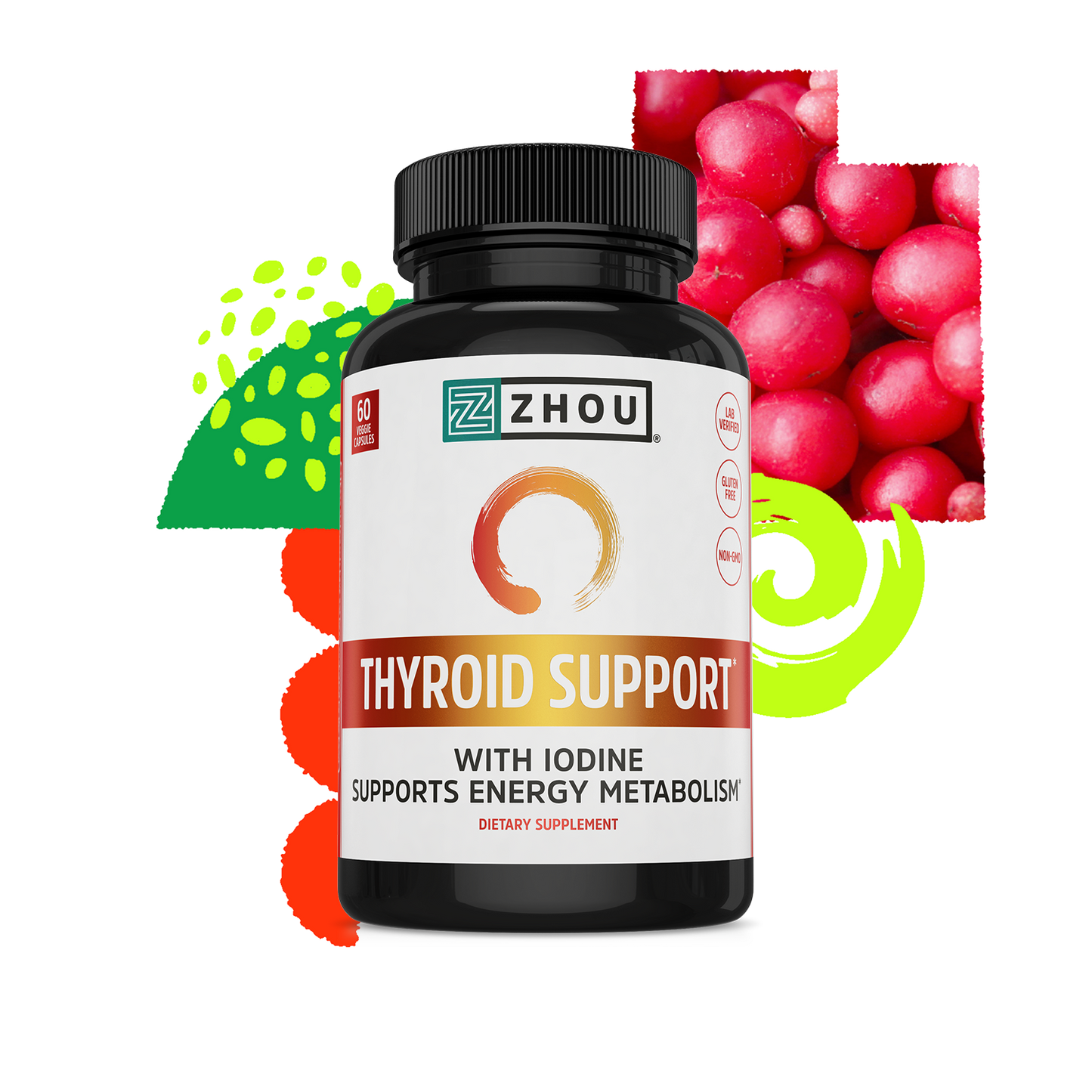 A bottle of Zhou Nutrition Thyroid Support with vibrant accents and B12 for energy and thyroid health.