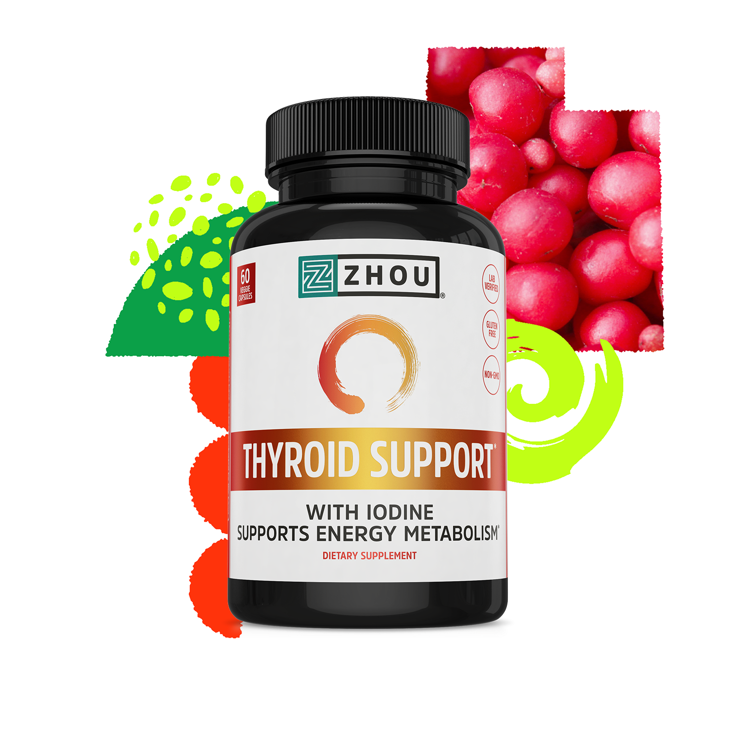 A bottle of Zhou Nutrition Thyroid Support with vibrant accents and B12 for energy and thyroid health.