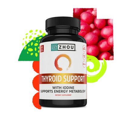 A bottle of Zhou Nutrition Thyroid Support with vibrant accents and B12 for energy and thyroid health.