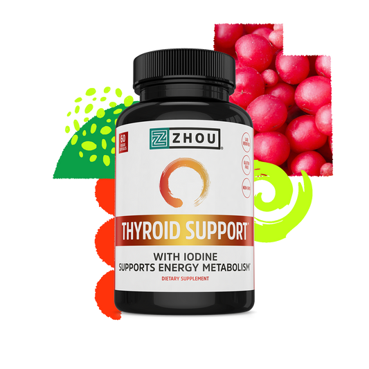 A bottle of Zhou Nutrition Thyroid Support with vibrant accents and B12 for energy and thyroid health.