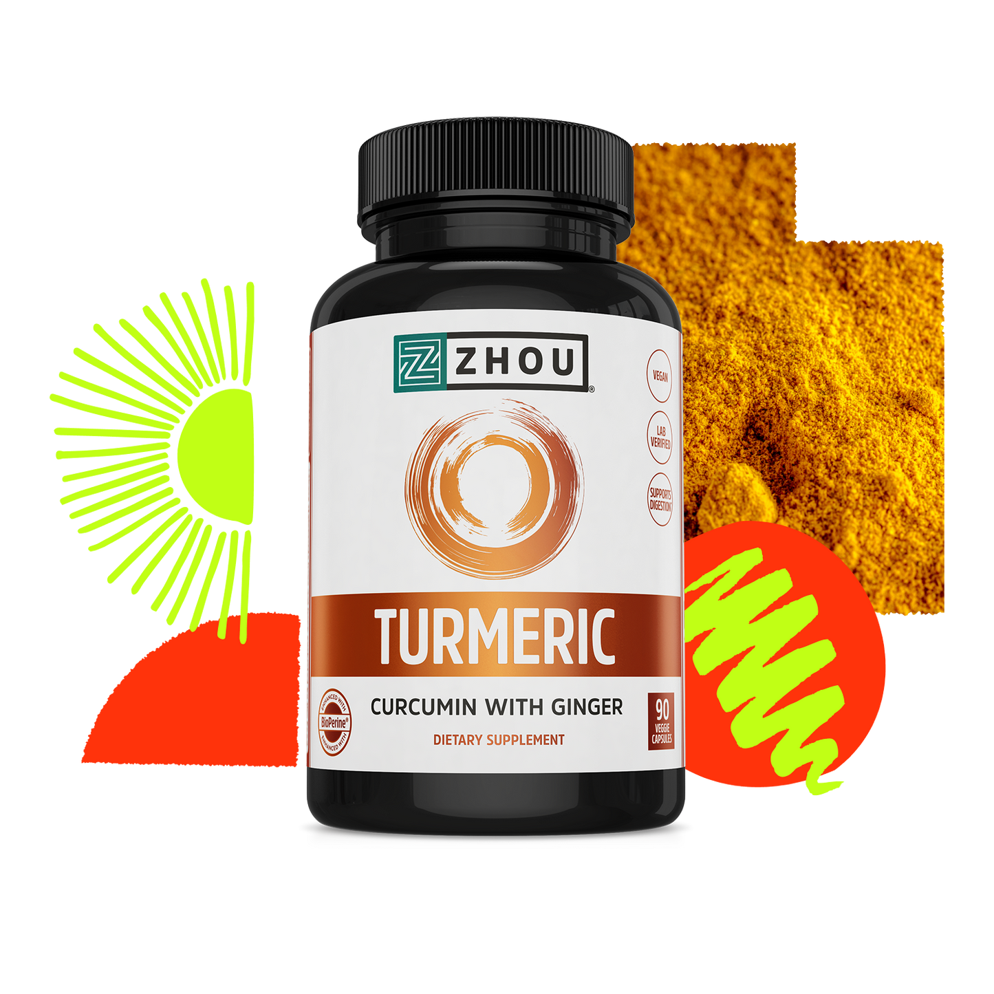 Black bottle of Zhou Nutrition Turmeric with BioPerine, set among abstract shapes and turmeric powder in the background.