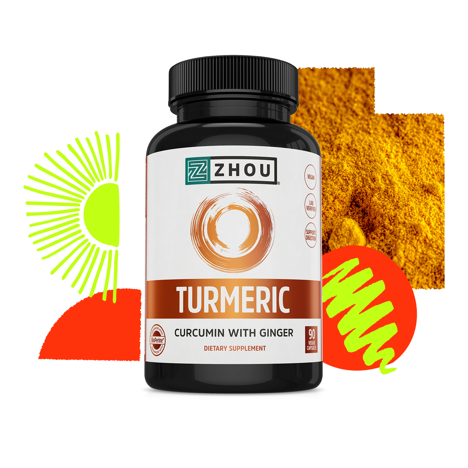 Black bottle of Zhou Nutrition Turmeric with BioPerine, set among abstract shapes and turmeric powder in the background.