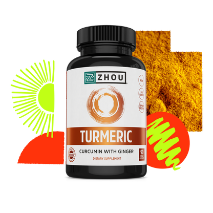 Black bottle of Zhou Nutrition Turmeric with BioPerine, set among abstract shapes and turmeric powder in the background.