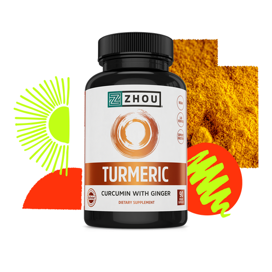 Black bottle of Zhou Nutrition Turmeric with BioPerine, set among abstract shapes and turmeric powder in the background.