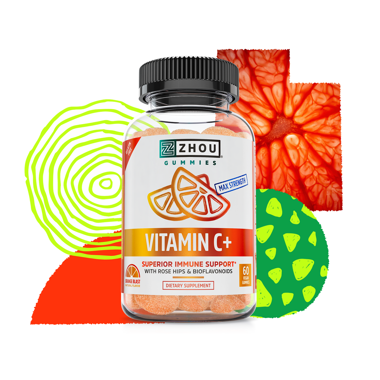 A bottle of Zhou Nutrition Vitamin C+ Gummies for immune support, with colorful citrus fruit in the background.