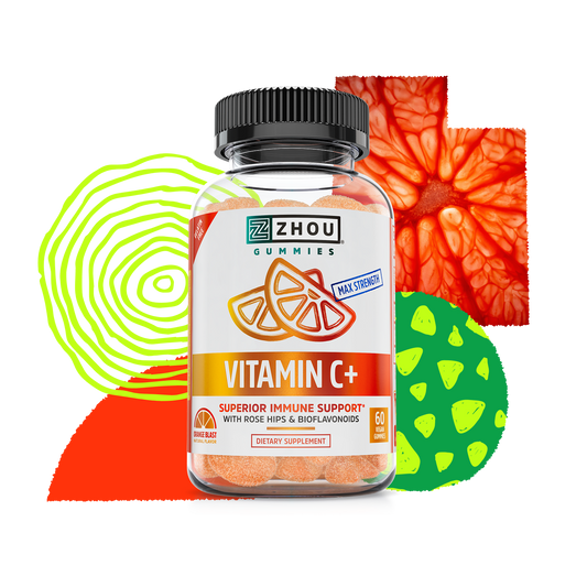 A bottle of Zhou Nutrition Vitamin C+ Gummies for immune support, with colorful citrus fruit in the background.