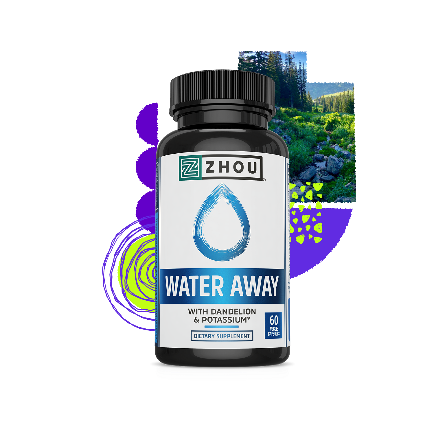 A bottle of Zhou Nutrition Water Away for bloating, with forest scenery and abstract shapes in the background.