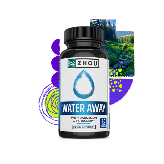 A bottle of Zhou Nutrition Water Away for bloating, with forest scenery and abstract shapes in the background.