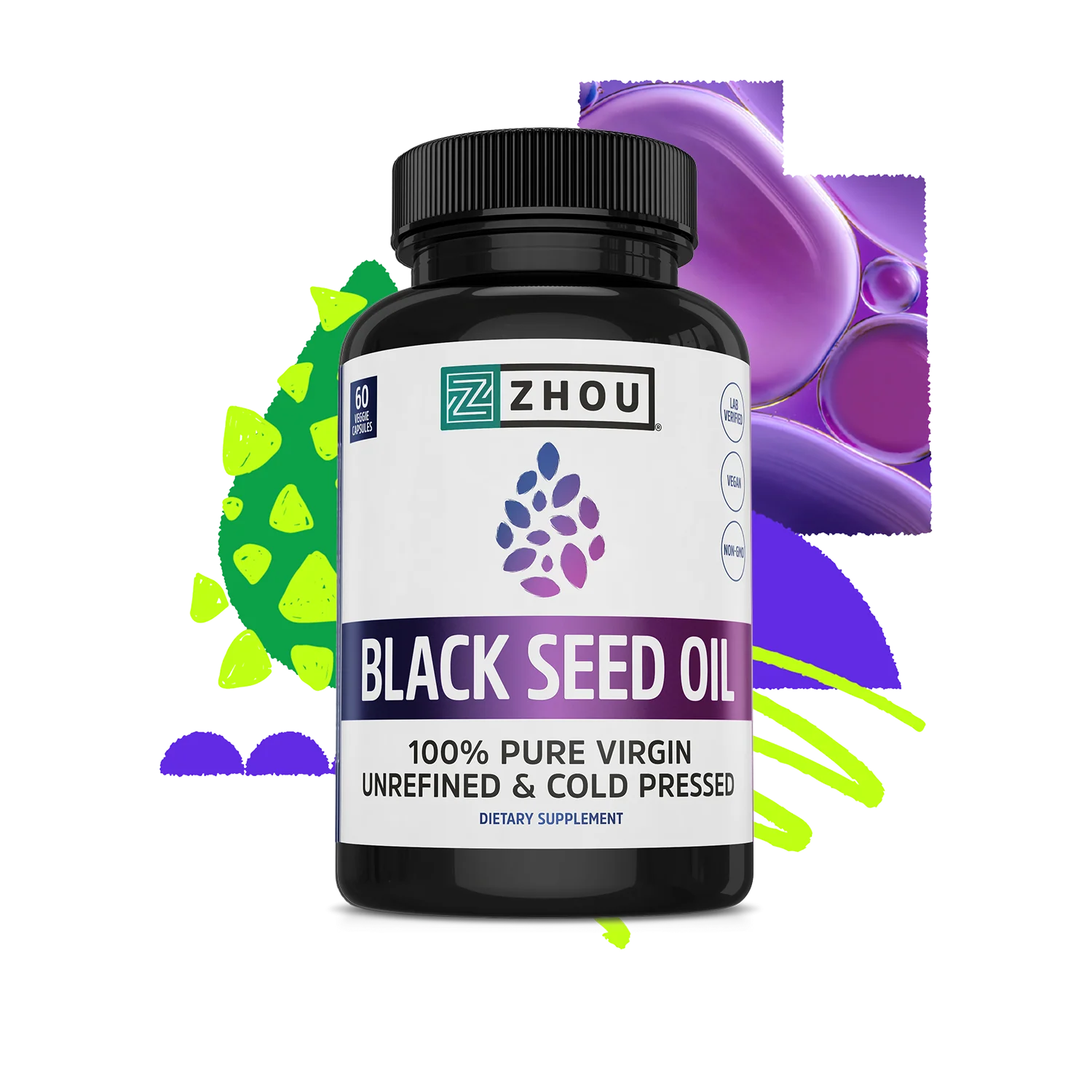 A bottle of Zhou Nutrition Black Seed Oil Capsules with colorful abstract shapes in the background.