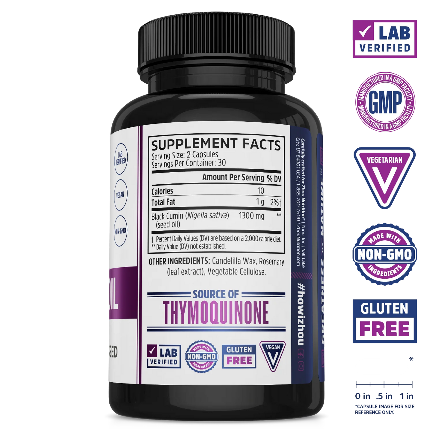Zhou Nutrition Black Seed Oil Capsules bottle with supplement facts and Nigella sativa certification badges on the side.