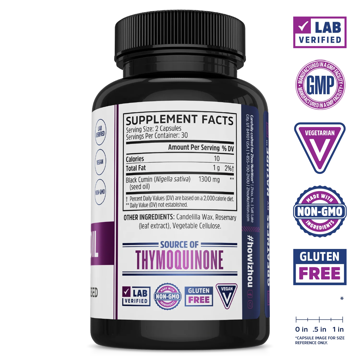 Zhou Nutrition Black Seed Oil Capsules bottle with supplement facts and Nigella sativa certification badges on the side.