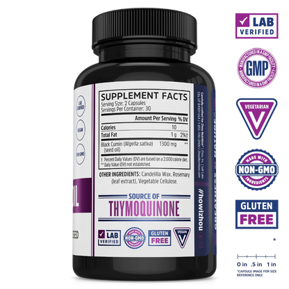 Zhou Nutrition Black Seed Oil Capsules bottle with supplement facts and Nigella sativa certification badges on the side.