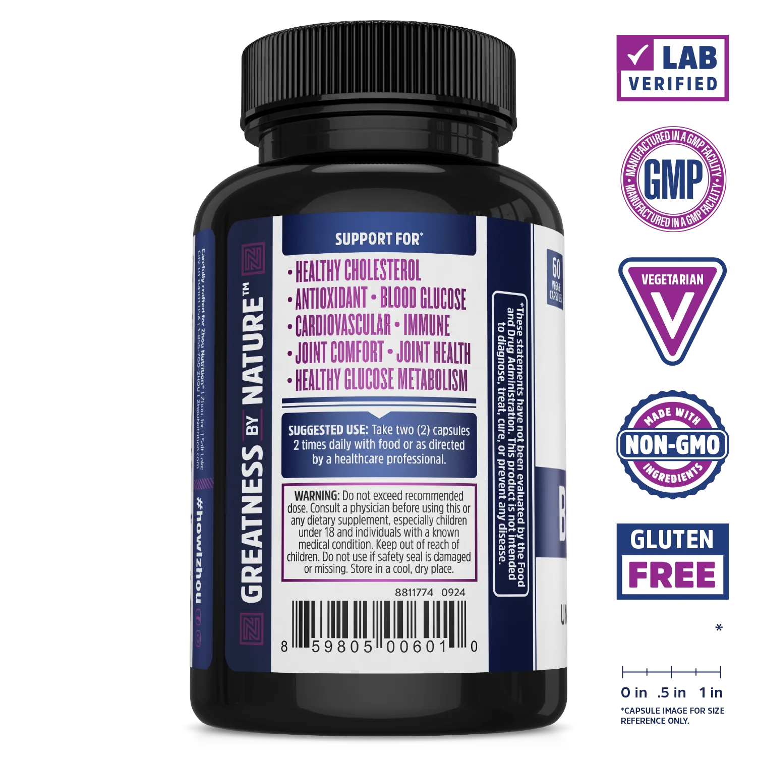 A black bottle of Zhou Nutrition Black Seed Oil Capsules, lab verified, GMP, vegetarian, non-GMO, and gluten free.