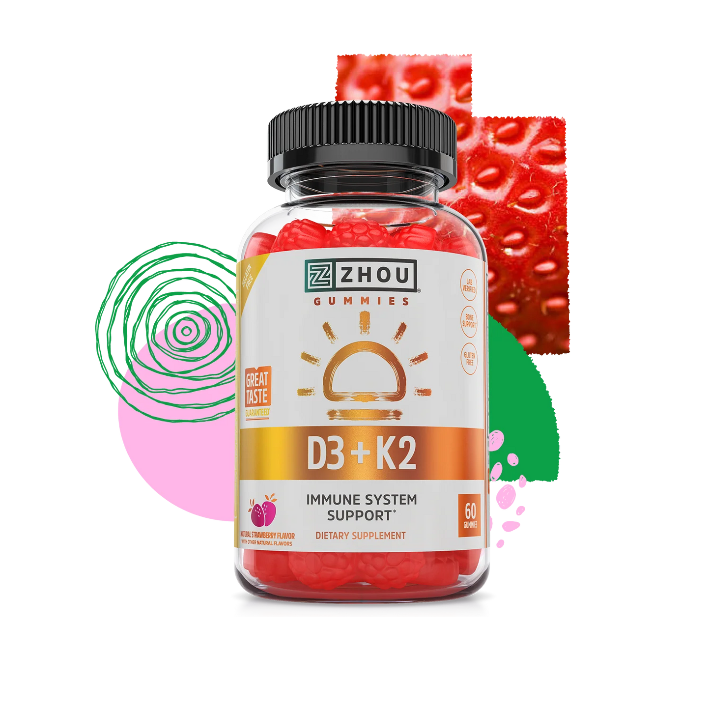 Zhou Nutrition D3 + K2 Gummies, in colorful shapes with strawberry flavor, support immune health.