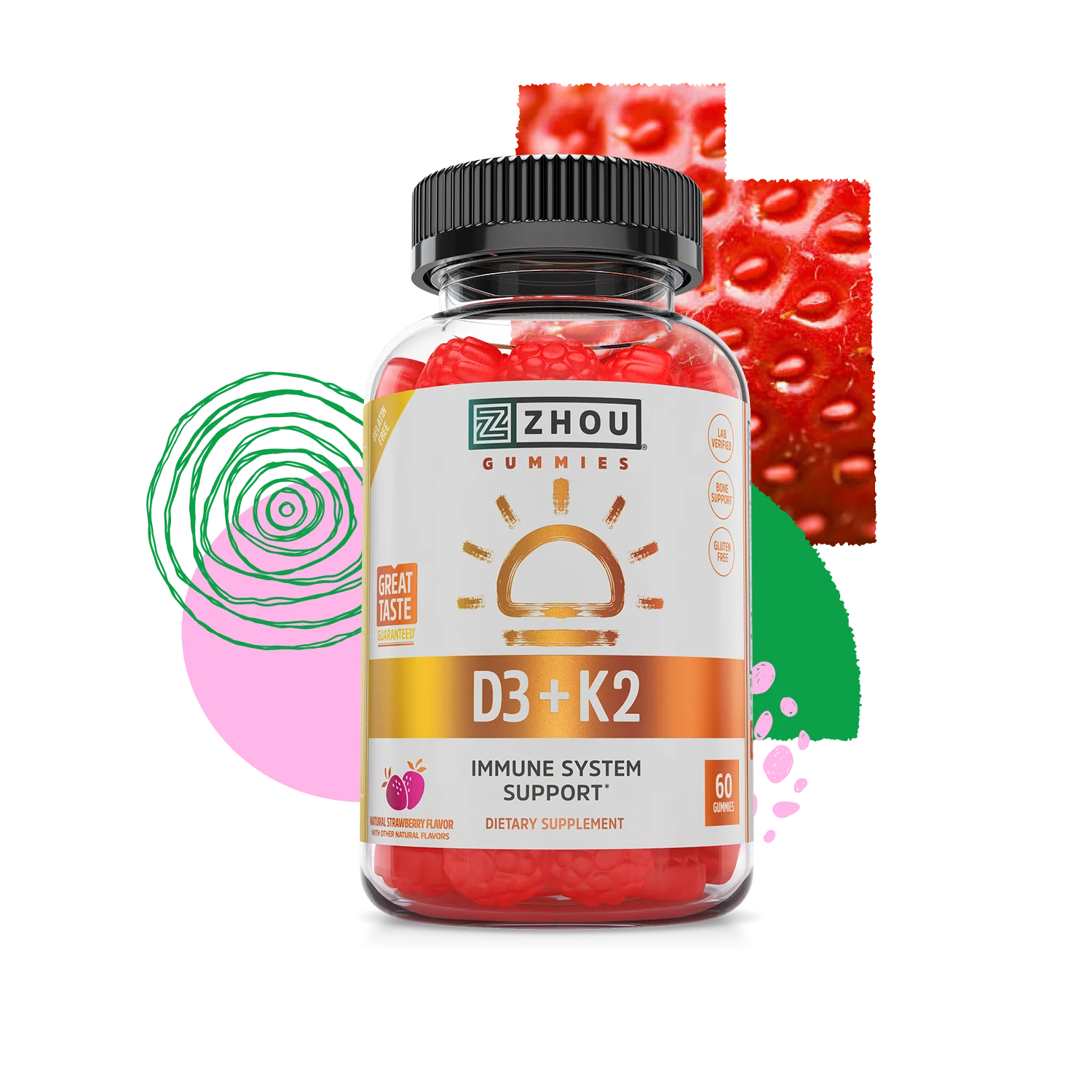 Zhou Nutrition D3 + K2 Gummies, in colorful shapes with strawberry flavor, support immune health.