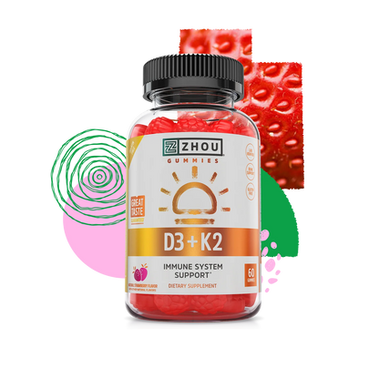 Zhou Nutrition D3 + K2 Gummies, in colorful shapes with strawberry flavor, support immune health.