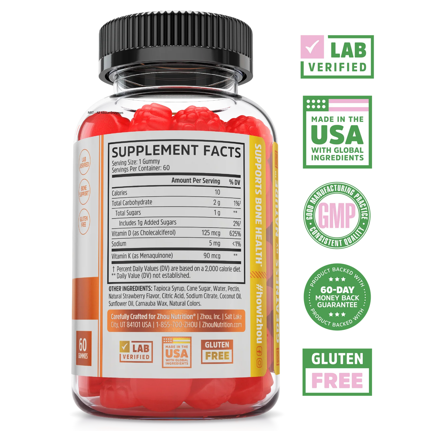 Zhou Nutrition D3 + K2 Gummies: immune support, lab verified, made in USA, GMP, gluten free, 60-day guarantee.