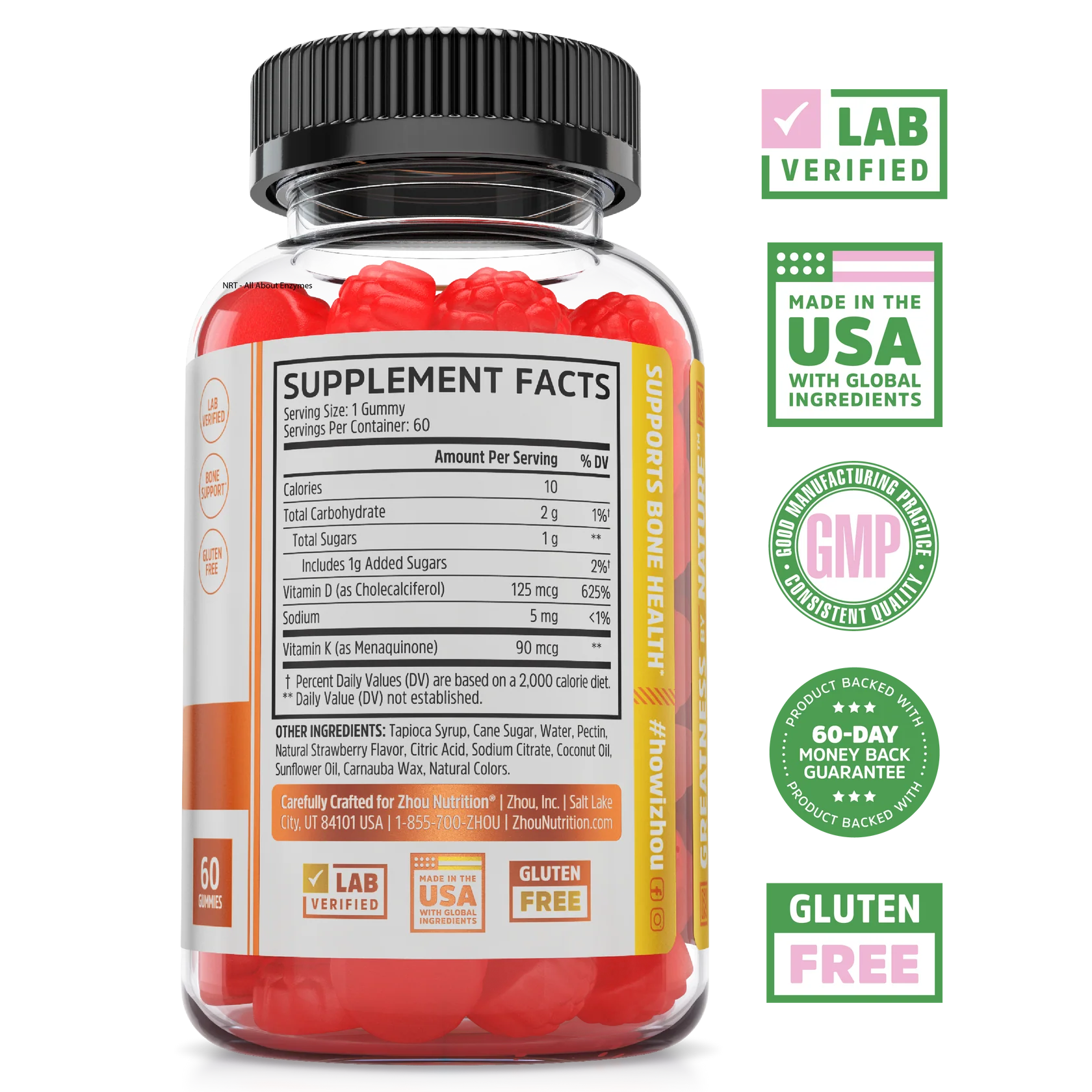 Zhou Nutrition D3 + K2 Gummies: immune support, lab verified, made in USA, GMP, gluten free, 60-day guarantee.