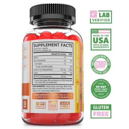 Zhou Nutrition D3 + K2 Gummies: immune support, lab verified, made in USA, GMP, gluten free, 60-day guarantee.