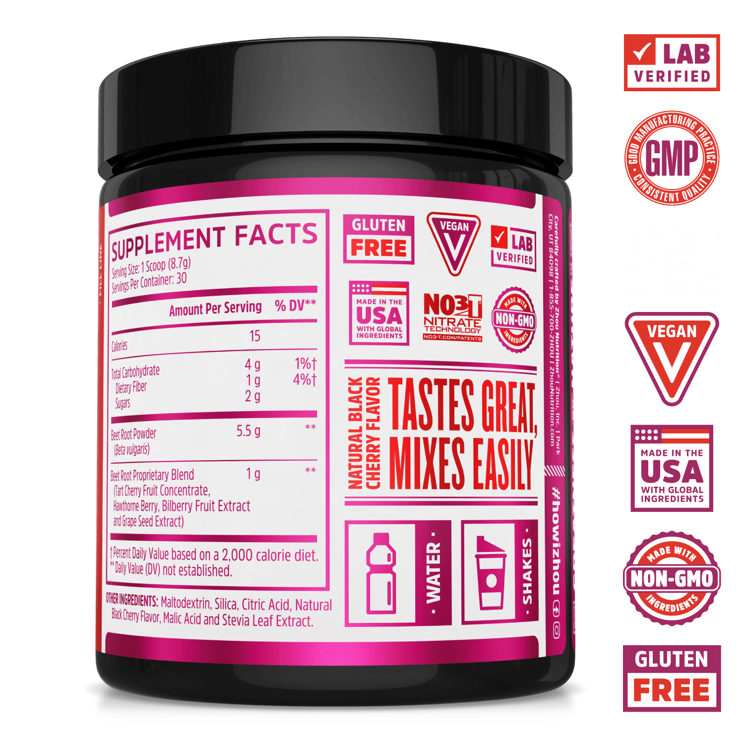 Zhou Nutrition Beet Complete Nitric Oxide powder. Bottle side. Lab verified, good manufacturing practices, NO3 Nitrate Technology, vegan, made in the USA with global ingredients, made with non-GMO ingredients, gluten free.