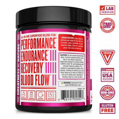 Zhou Nutrition Beet Complete Nitric Oxide powder. Bottle side. Lab verified, good manufacturing practices, NO3 Nitrate Technology, vegan, made in the USA with global ingredients, made with non-GMO ingredients, gluten free.