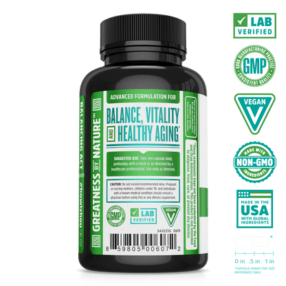 Hormonal Balance Complex with activated broccoli extract from Zhou Nutrition. Bottle side. Lab verified, good manufacturing practices, vegan, made with non-GMO ingredients, made in the USA with global ingredients.
