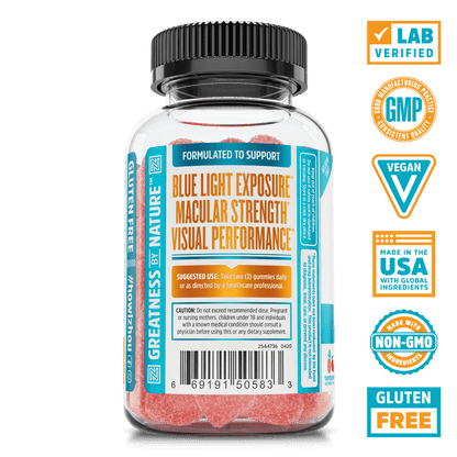 Screen Eyes Gummies Supplement Facts Zhou Nutrition. Lab verified, good manufacturing practices, vegan, made in the USA with global ingredients, made with non-GMO ingredients, gluten free.