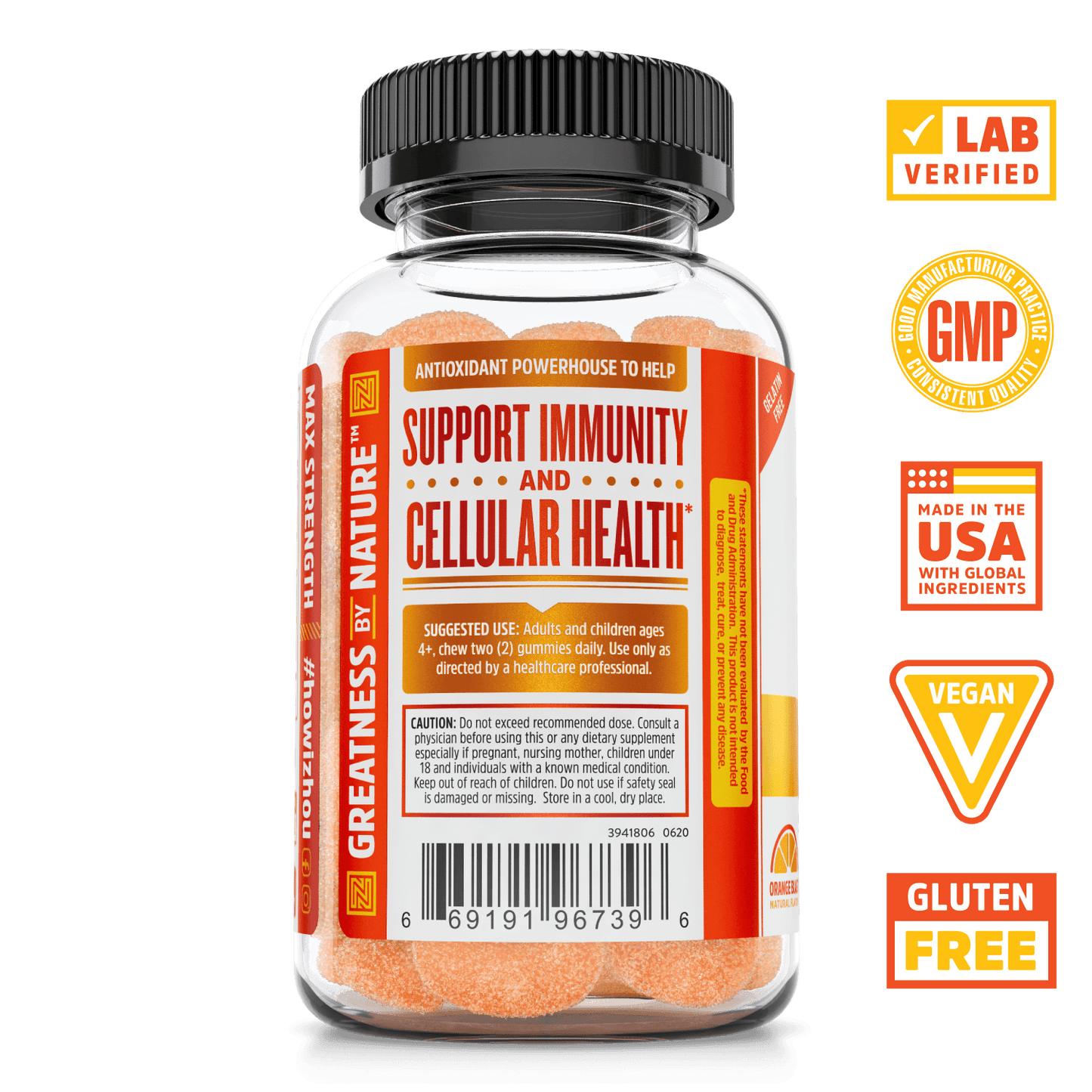 Zhou Nutrition Max Strength Vitamin C+ Gummies.  Bottle side. Lab verified, good manufacturing practices, made in the USA with global ingredients, vegan, gluten free.