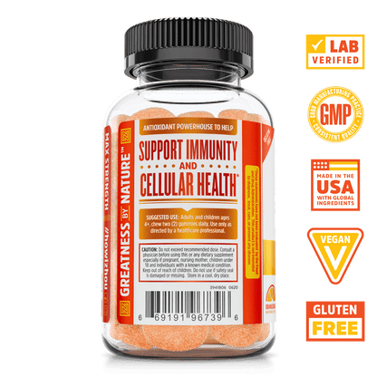 Zhou Nutrition Max Strength Vitamin C+ Gummies.  Bottle side. Lab verified, good manufacturing practices, made in the USA with global ingredients, vegan, gluten free.