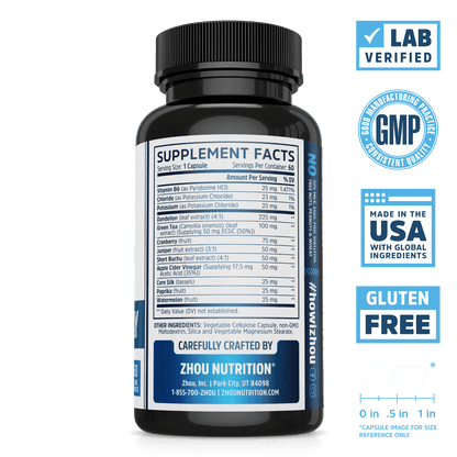 Zhou Nutrition Water Away for Healthy Fluid Balance. Bottle side. Lab verified, good manufacturing practices, made in the USA with global ingredients, gluten free.