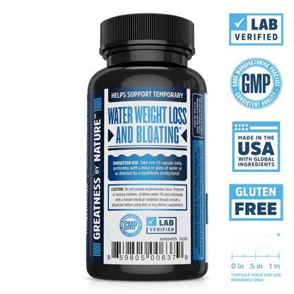 Zhou Nutrition Water Away bloating supplement. Bottle side. Lab verified, good manufacturing practices, made in the USA with global ingredients, gluten free.